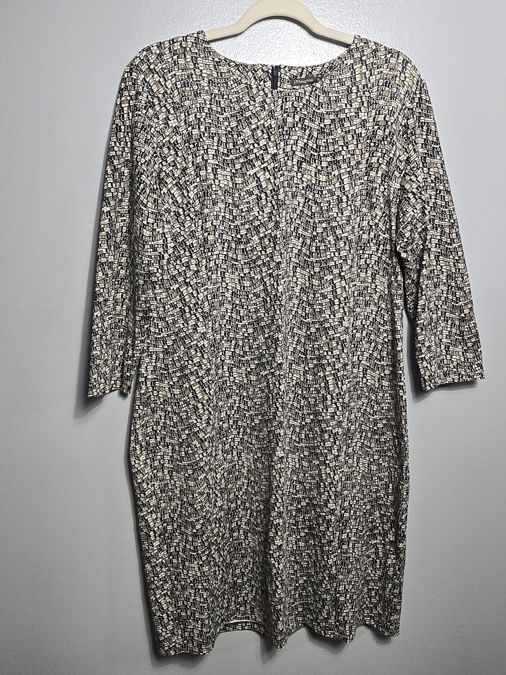 J. McLaughlin Catalina Cloth Tan Black Abstract Geo 3/4 Sleeve Shift Dress XL